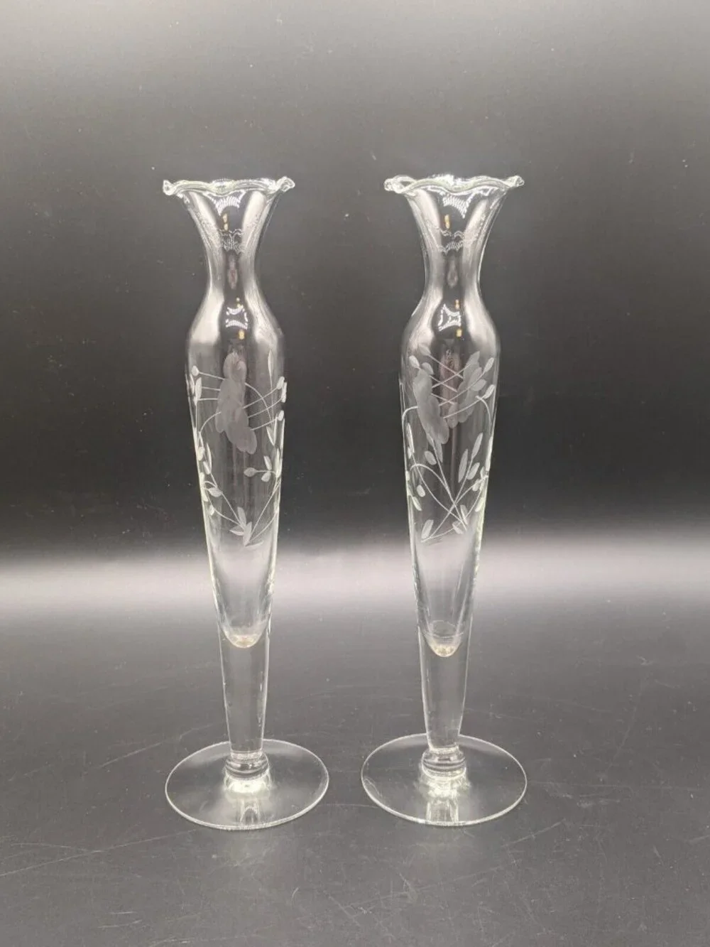 Vtg Princess House Heritage Bud Vase Set of 2 Handblown Crystal Floral Etched